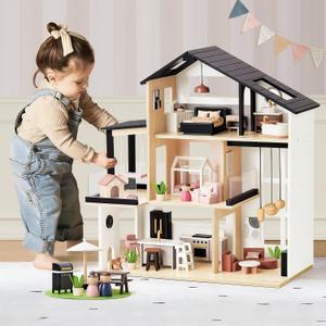 Tiny Land Doll House, Modern Family Dollhouse with Realistic Design, Wooden Dollhouse with 53Pcs Furniture - Ideal Gift for Kids Ages 3+