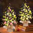2 Pack & Timer - Easter Decorations, 18 Inch Lighted Easter Tree Tabletop with 40 LED Warm White Lights Colorful Eggs Floral Berries Battery Operated Easter Egg Tree Home Indoor Party Spring Decor