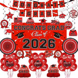 Red Themed 2026 Graduation Decorations Set - Congrats Grad Banner, Class of 2026Backdrop, Balloons & Streamers Kit - Complete Party Supplies for High School & College Celebrations