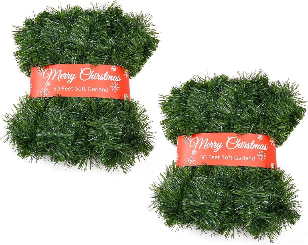 Christmas Garland for Outdoor/Indoor Decoration, Soft Greenery Artificial Garland Decorations, Non-lit Green Xmas Garlands Perfect for Party Home Garden and Holiday Festival Decor, 50 Feet 2 Pack