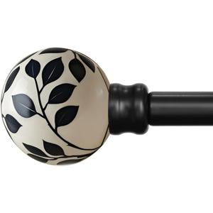 Ceramic Black Curtain Rods for Windows 28 to 48 Inches Adjustable Length Heavy Duty 1" Diameter Window Curtain Rod with Modern Leaf Pattern Decorative Finials for Bedroom Kitchen Living Room