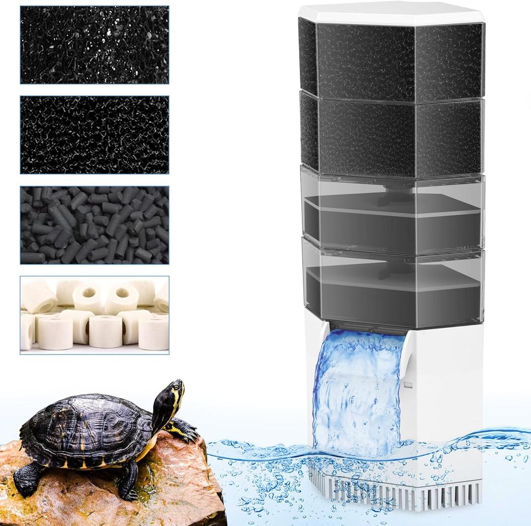 AquaMiracle Turtle Tank Filter 265GPH 4-Stage Super Quiet Low Water Level Filter for 30-60 Gallon Water, Waterfall Reptile Filter for Turtle Habitats & Terrariums