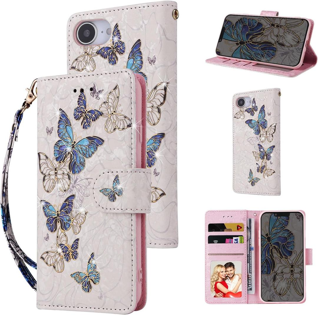 UEEBAI Wallet Case for iPhone 14 6.1 inch, PU Leather Phone Case Kickstand RFID Blocking Flip Case Card Slots Wrist Strap Relief Engraved Pattern Magnetic Closure Flower Folio Case, Blue Butterfly
