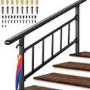 Updated Handrails for Outdoor Steps, 3-4 Steps Wrought Iron Stair Railing with Fence, Flexible Exterior Hand Railing for Concrete or Wooden Stairs, Black Transitional Handrails with Installation Kit