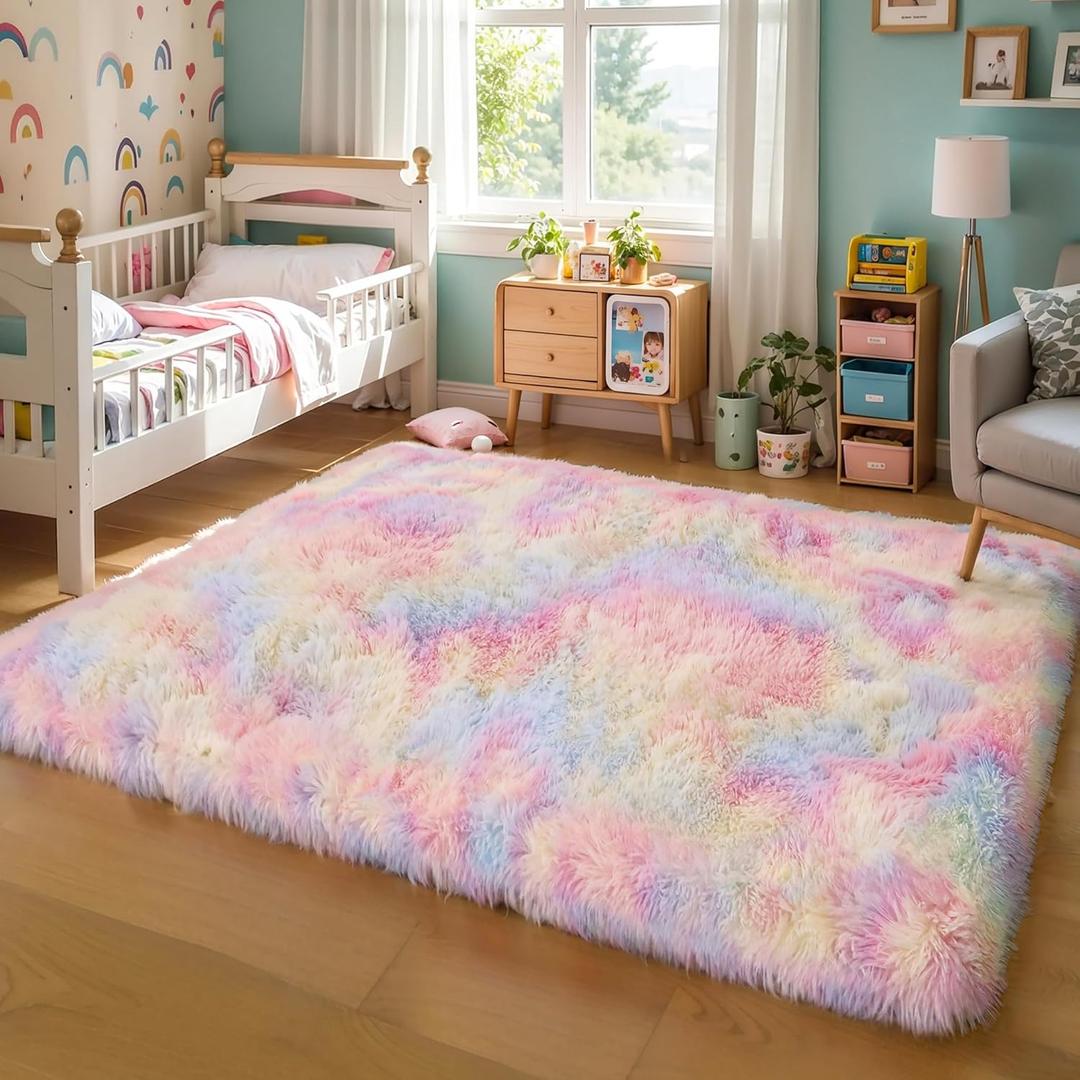 KICHOWUA Thick Area Rug 5x7 Rainbow Fluffy Shag for Girls Bedroom,Ultra Soft Unicorn Plush Fuzzy Washable Thickened Non-Slip Carpet, Pastel Furry Shaggy Rug for Living Room Kids Boys Nursery Dorm