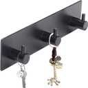 Key Holder (3 Hooks) - Sturdy Self Adhesive Stainless Steel, Matte Black, Wall Mount, Damage Free, Extra Thick, for Keys and Masks, Entryway, Hallway