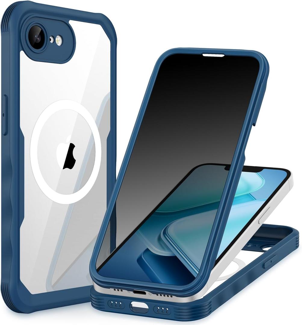 CENHUFO Magnetic for iPhone 16E Case, Privacy Phone Cover [Compatible with Magsafe] Built-in Anti Peep Tempered Glass Privacy Screen Protector and Camera Lens Protective Full Body Shockproof -Blue