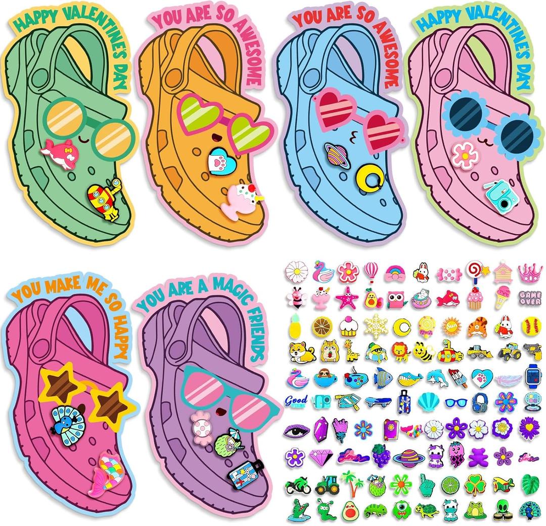 Valentines Day Cards for Kids School 48 Sets Valentine's Day Cards with 96Pcs Shoe Charms Valentines Shoe Accessories Clog Decor Valentine Greeting Card for Classroom Exchange Gifts Party Favor