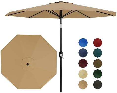 ChicCoutured 9Ft Patio Umbrella - 8 Sturdy Ribs Outdoor Table Umbrella with Crank Lift & Push Button Tilt - Market Umbrella for Pool, Deck, Yard, Garden - Tan