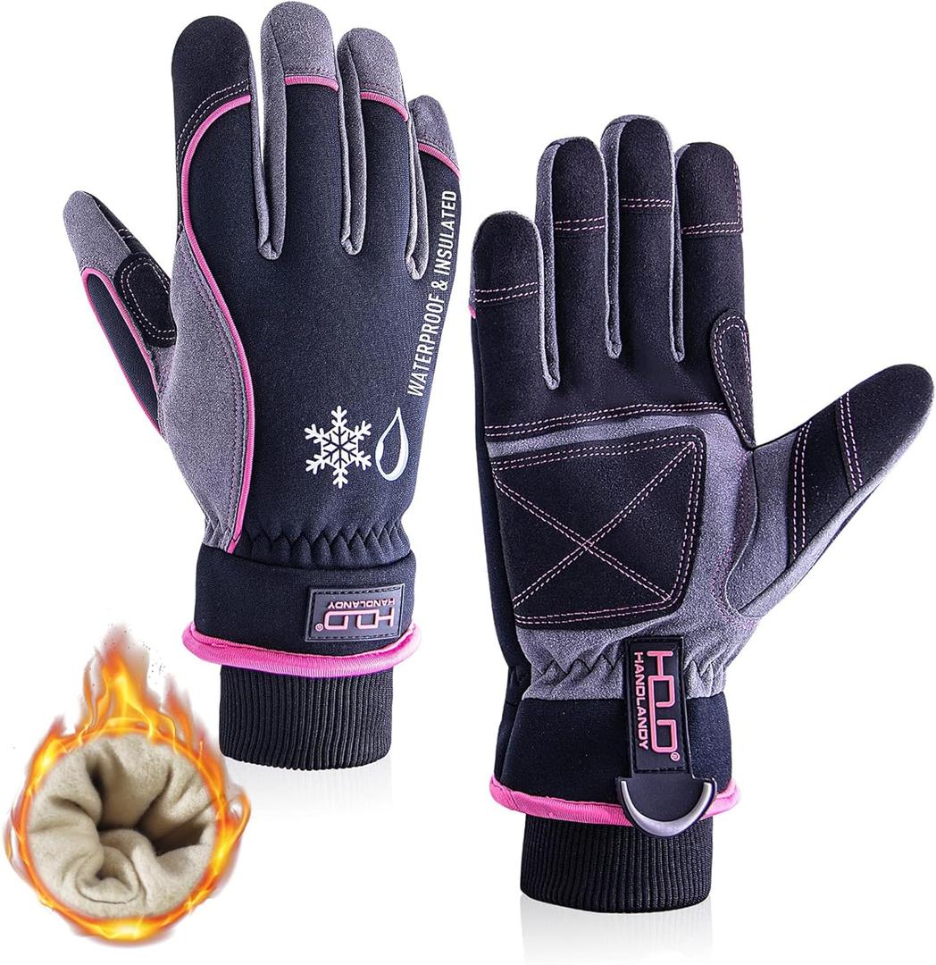 HLDD HANDLANDY Waterproof & Windproof Winter Gloves for Men Women, Touchscreen Thermal Gloves for Cold Weather, Ski Snowboard Work Gloves (Medium, Pink)