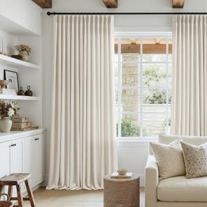 Natural Pinch Pleated Semi Sheer Curtains 120 Inches Long 2 Panels Set for Living Room Bedroom, Memory Shape Pinch Pleat Thick Flax Linen Textured Light Filtering Privacy Extra Long Window Curtains
