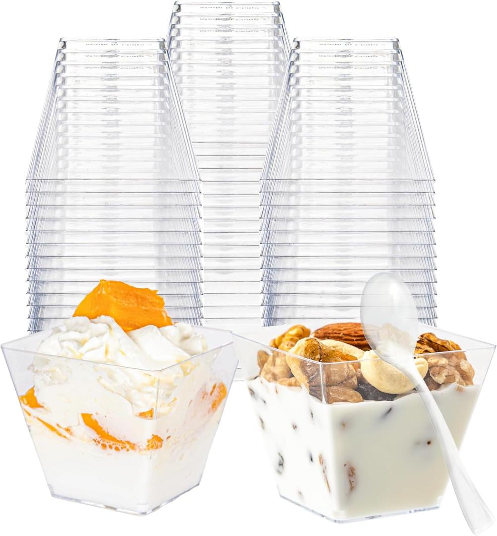 HOMIP 60Pack 4oz Plastic Dessert Cups with Spoons (No lids), Yogurt Parfait Cups for Party, Mini Dessert Cups with Spoons for Pudding, Fruit and Ice Cream