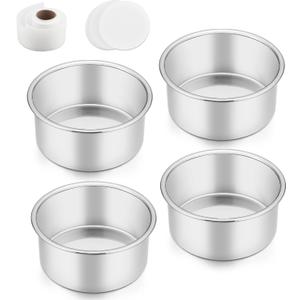 TeamFar 4 Inch Cake Pans, Stainless Steel 4 PCS Small Round Cake Pan Set for Baking Roasting, Non-Toxic & Sturdy, Non-Stick & Heat-Resistant, Dishwasher Safe