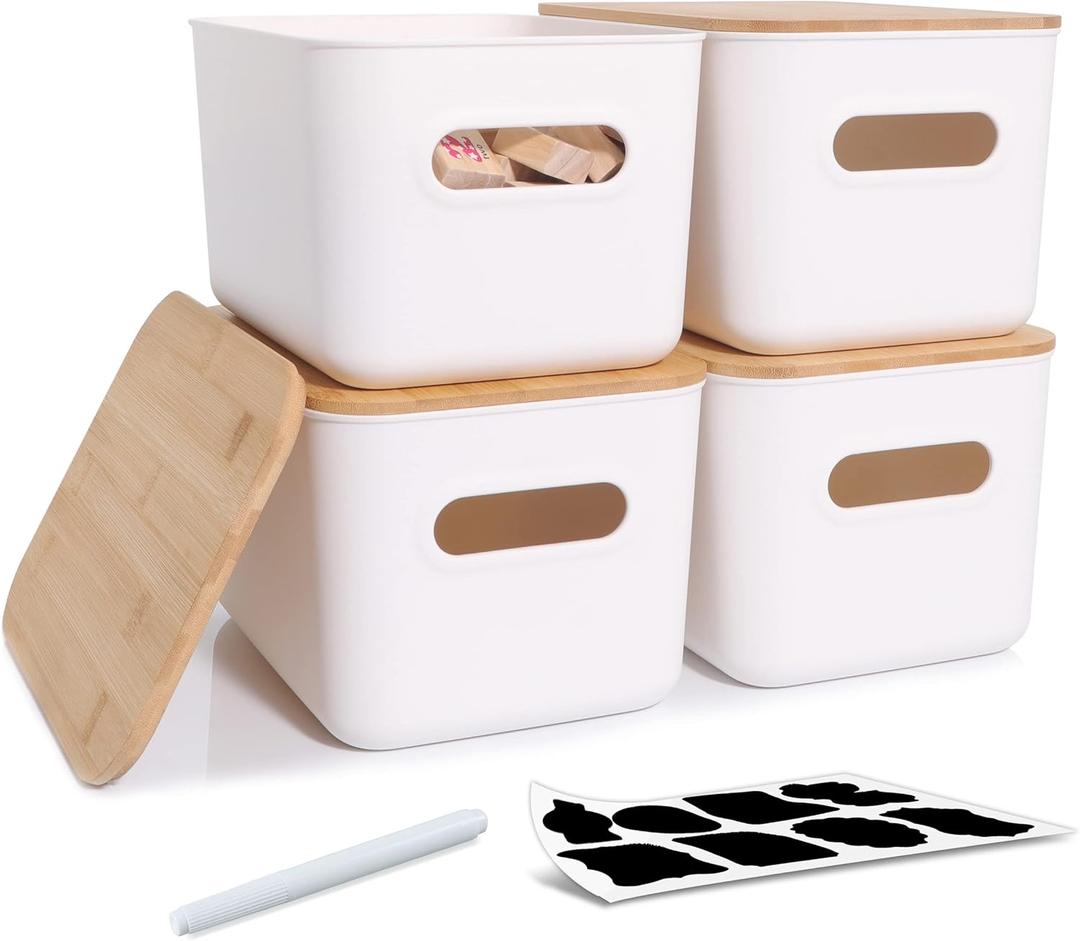 Citylife 4 PCS Storage Bins with Bamboo Lids Plastic Storage Containers for Organizing Stackable Storage Box with Handle, 10.23 x 7.08 x 6.3 inch (White)