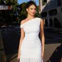 GOKATOSAU Women's One Off Shoulder Sleeveless Bodycon Ruched Mesh Ruffle Hem Mini Dress White, Size S
