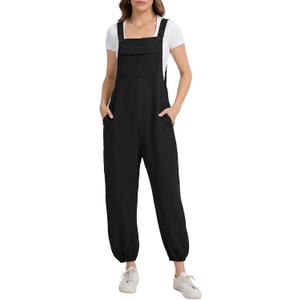 Overalls for Women 2026 Casual Sleeveless Bib Pants Adjustable Straps Jumpsuits Loose Fit Rompers with Pockets (Black, L)