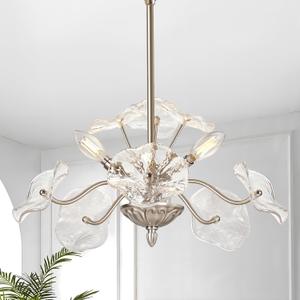 Luvkczc Modern Brushed Nickel Chandelier,Vintage Flower Glass Pendant Light Fixture,Mid Century Ceiling Light Fixture for Dining Room, Kitchen, Living Room, Bedroom Hallway Porch,3 Lights