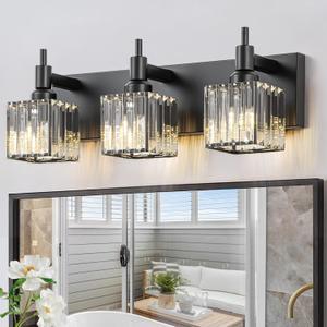 Black Crystal Bathroom Vanity Light 3-Light Modern Bathroom Lighting Fixtures Over Mirror, Black Wall Sconce Light Fixtures with Square Shade