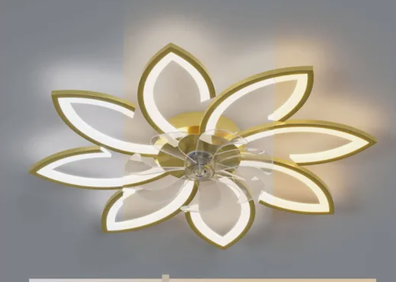 Bella Depot 35" Bladeless Flower Ceiling Fan Low Profile Flush Mount Ceiling Fan with Lights and Remote Dimmable 3 Color 6 Speeds for Bedroom Girls (Gold)