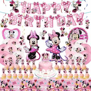 Pink Birthday Party Decorations Kit, Cartoon Birthday Supplies, Includes Happy Birthday Banner, Foil Balloons, Tablecloth, Backdrop, for Adult Themed Party Supplies