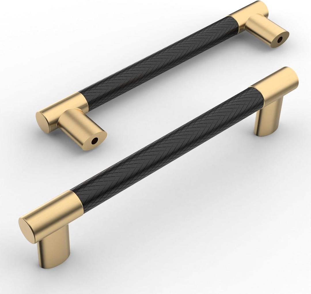 Amerdeco 10 Pack Matte Black and Gold Knurled Cabinet Pulls 5 Inch Hole Center Kitchen Cabinet Handles for Drawer Cupboard and Wardrobe ZH0038
