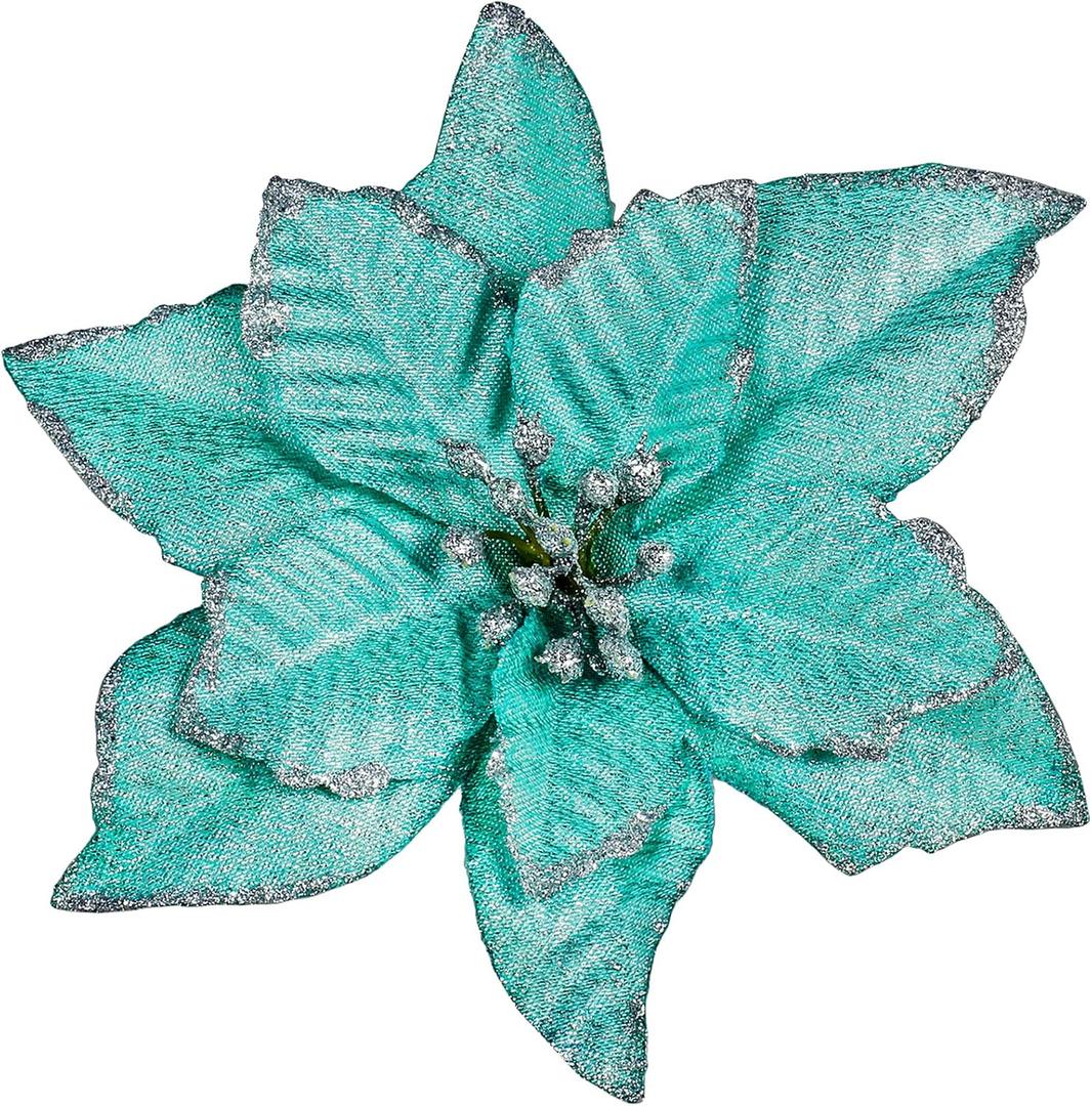 Winlyn 24 Pcs Teal Glitter Artificial Christmas Poinsettia Flowers Picks Christmas Tree Ornaments for Teal Blue Christmas Tree Wreaths Garland Holiday Seasonal Wedding Decor White Gift Box Included