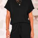 PRETTYGARDEN Two Piece Set for Women Summer Lounge Sets Shorts And Short Sleeve Tops Knitted Matching Travel Spring Outfits (Black, M)