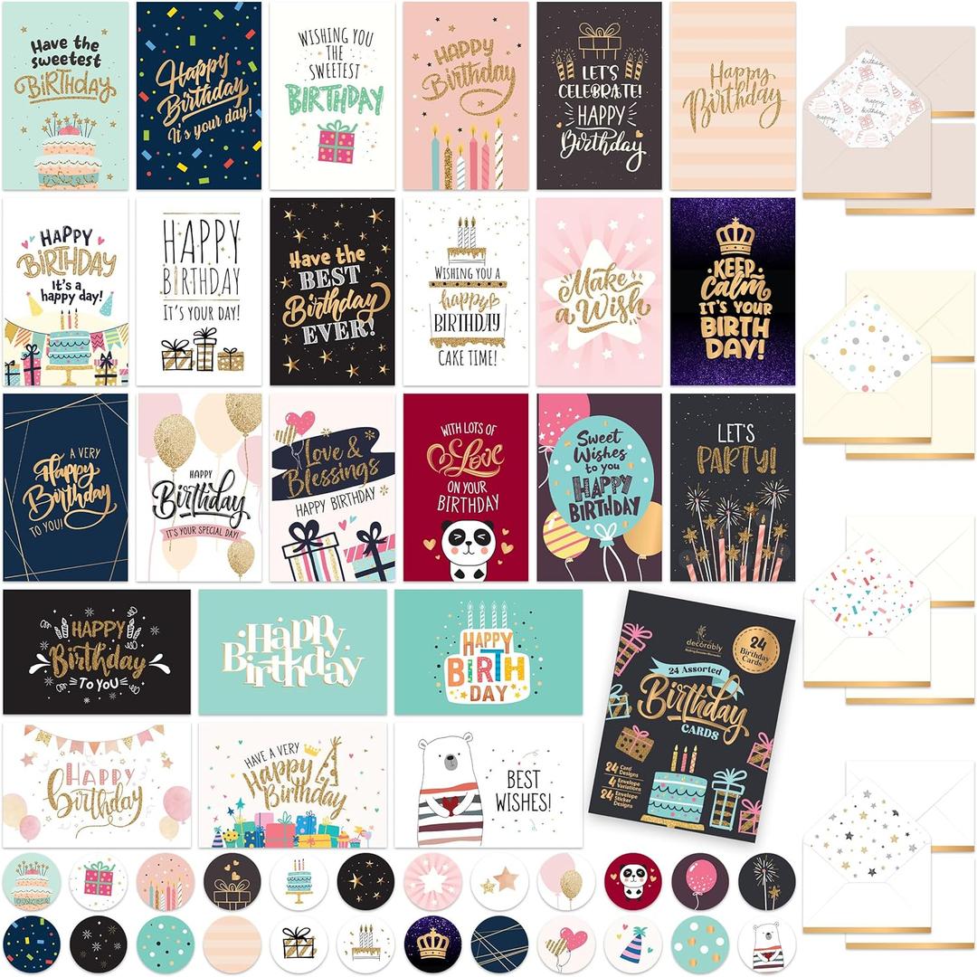 Decorably 24 Pack Foiled and Glittery Assorted 6x4in Box of Birthday Cards with Envelopes and Stickers, 24 Unique Designs Birthday Card Pack with Printed Message Inside