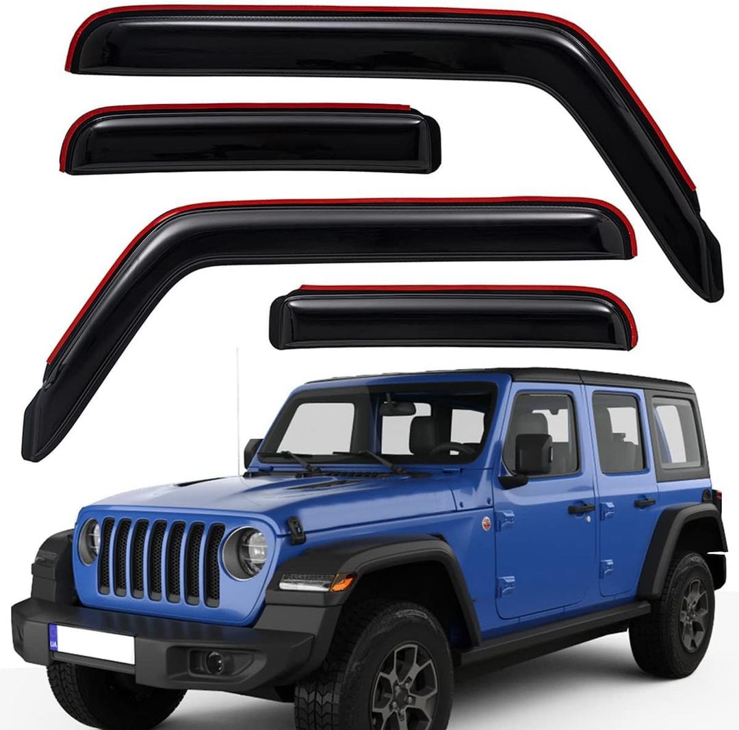 Lightronic Extra Durable Clip-on in-Channel Auto Vent Window Visor, Fits 2018-2025 Jeep Wrangler JL Unlimited (4-Door), 2020-2025 Jeep Gladiator, UV-Protect Rain Guard Wind Deflector, Smoke, 4-Pcs