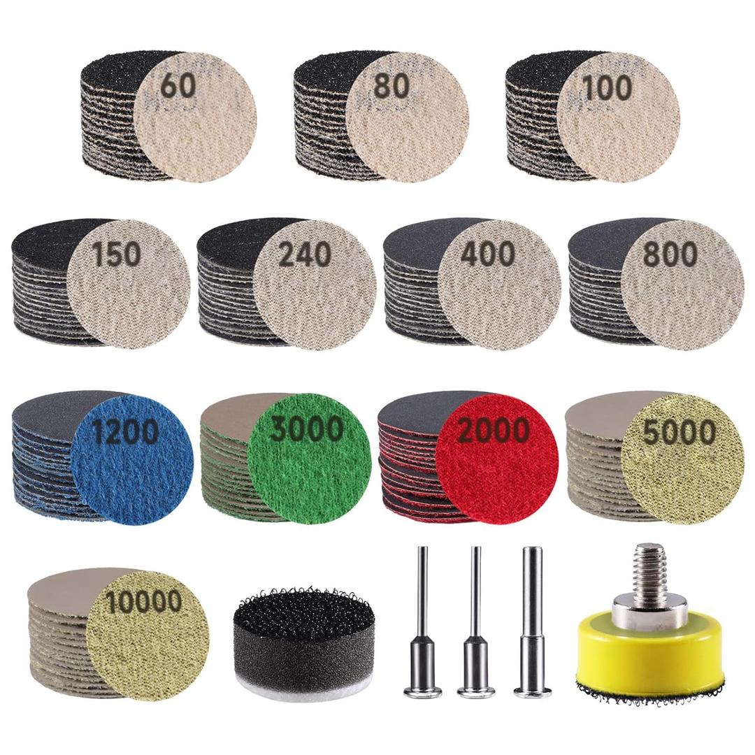 185 PCS 1 Inch Sanding Disc, GOH DODD Hook and Loop 60 to 10000 Grit Wet Dry Sandpaper Sand Paper with 1/8" 1/4" Shank, Backing Pad, Foam Sanding Pads for Auto Metal Glass Resin Wood Sanding