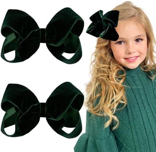 Oaoleer 2PCS 6inch Velvet Hair Bows Clips, Green Velvet Bows Hair Alligator Clips Hair Barrettes for Baby Girls Infants Toddlers Kids Teens Children