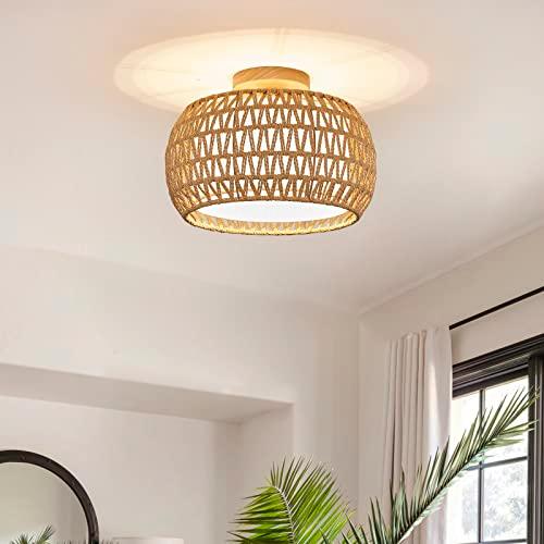 BUXVRCS Rattan Ceiling Light Fixtures,Hand-Woven Boho Flush Mount Light,Handmade Fixtures with Fabric Shade,Farmhouse Fixture for Bedroom Hallway Entryway (Yellow)