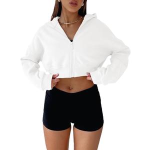 Aurgelmir Women's Cropped Zip Up Hoodie Sweatshirts Long Sleeve Casual Loose Y2K Pullover Tops (Medium, White)