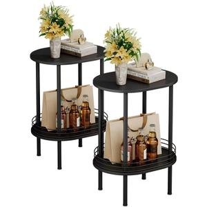 Nightstand Set of 2,Small Modern Round Side Table with Storage,2-Tier End Table for Small Space -Living Room,Bedroom, Nursery (2PC,Black) (2PC Oval(11.8*15.8inch))