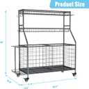 WUC Sports Equipment Garage Organizer - Garage Ball Storage Rack with Basket, Hooks and Rolling Cart for Sports Gear and Toy Storage, Grey