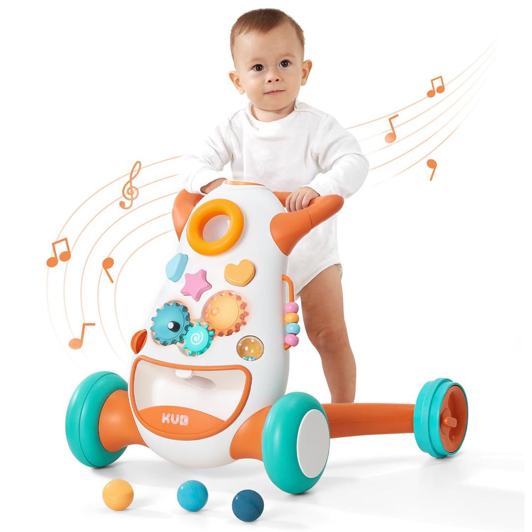 KB Montessori Baby Walker - Interactive Push Toy for Toddlers Learning to Walk with Soft Music & Lights, Adjustable Speed & Non-Slip Wheels, Educational Activity Center (Orange)