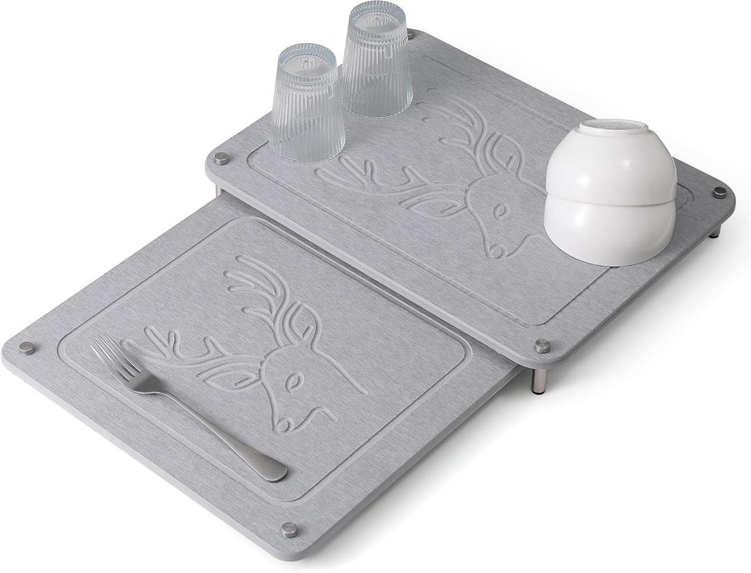 Nested Dish Drying Stone Mat | 2 Pcs Diatomaceous Earth Stone Drying Mats for Kitchen Counter with Non-Slip Feet | Collapsible Large Drying Stone for Dishes - Light Gray (15.8" x 11.8")