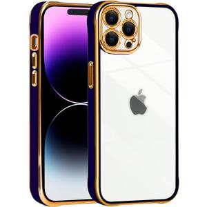 Glitter Case for iPhone 14 Pro Max [Shockproof Four Corners ] [Not-Yellowing] Clear Sparkle Camera Protection Plating Phone Case Cover for iPhone 14 Pro Max Women Girls Deep Purple