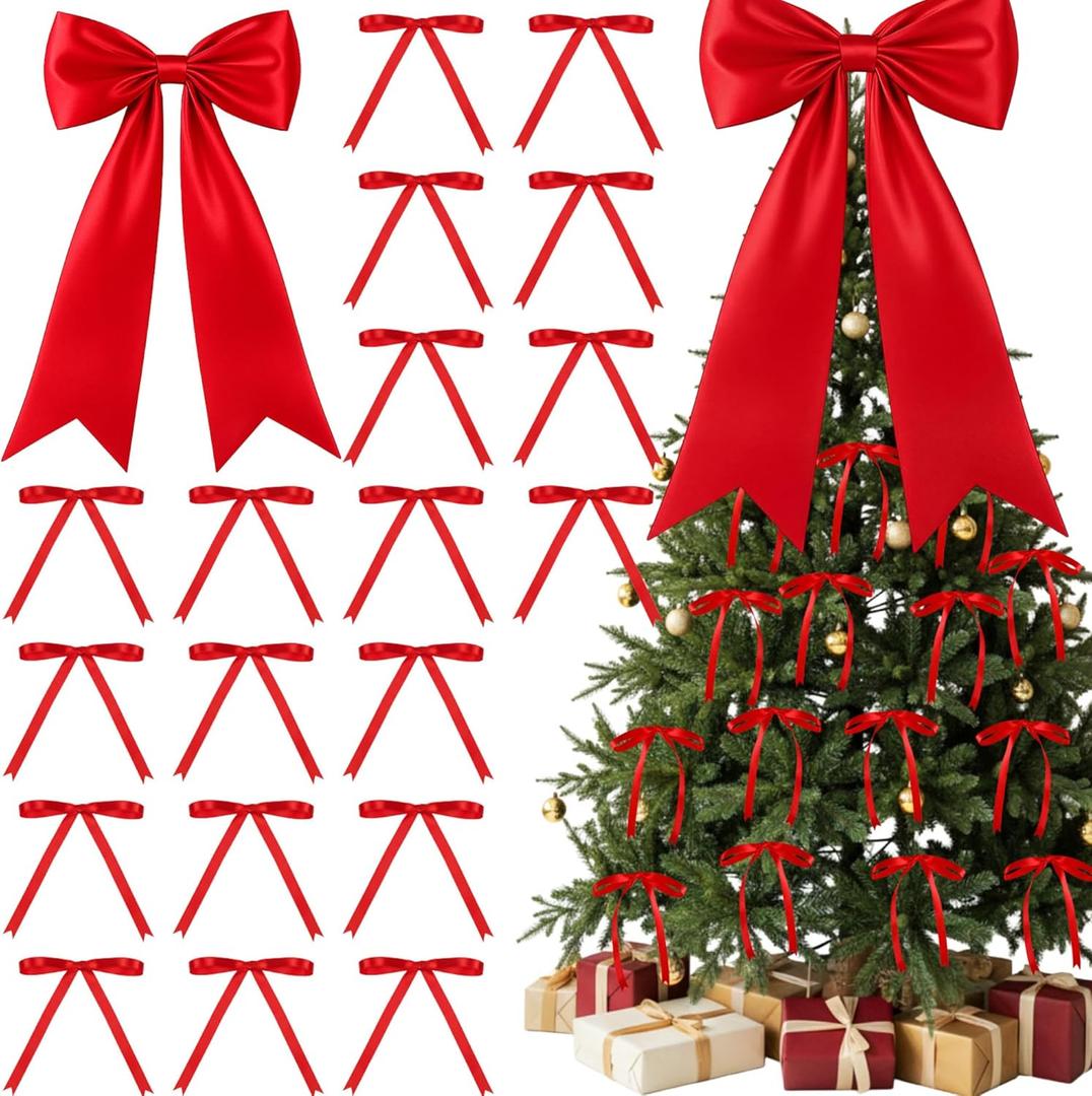 Riceshoot Red Valentines Bow Set Decor, 16''x 32'' Big Bow Tree Topper and 24 Pcs 5''x7'' Valentines Ribbon Twist Tie for Tree Birthday Wedding Holiday Wreath Gift Wall Backdrop Decor