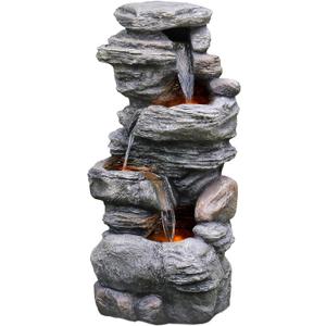 Teamson Home 39.37 in. Outdoor Faux Stacked Stone 4-Tier Water Fountain with LED Lights and Pump, Gray