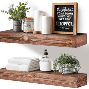 24x3x7 inch Floating Shelves Wall Mounted - Set of 2 Brown Rustic Solid Wood Wall Shelf - Heavy Duty Decorative Fireplace Mantel for Living Room, Bedroom, Bathroom, Kitchen, 24x3x7-hollow-2pack