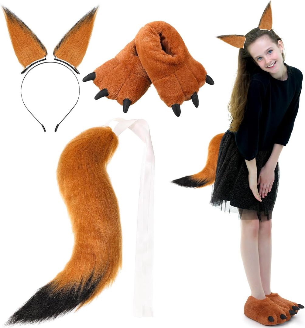 Winter Fox Costume Set Cute Fox Plush Fluffy Ears Tail Animal Paw Winter Claw Shoes Costume Plush Party for Women