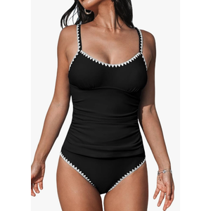 CUPSHE Women's Tankini Sets Two Piece Swimsuit Scoop Neck Mid Rise Adjustable Straps Shell Stitched, 11-12Y