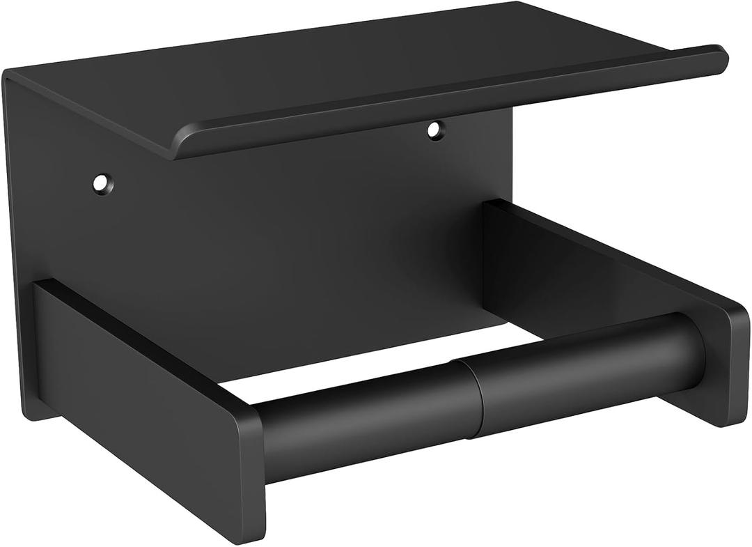 Toilet Paper Holder with Shelf Wall Mount, Self Adhesive or Screw in, Tissue Holder for Bathroom Washroom RV with Spring Rod, Matte Black