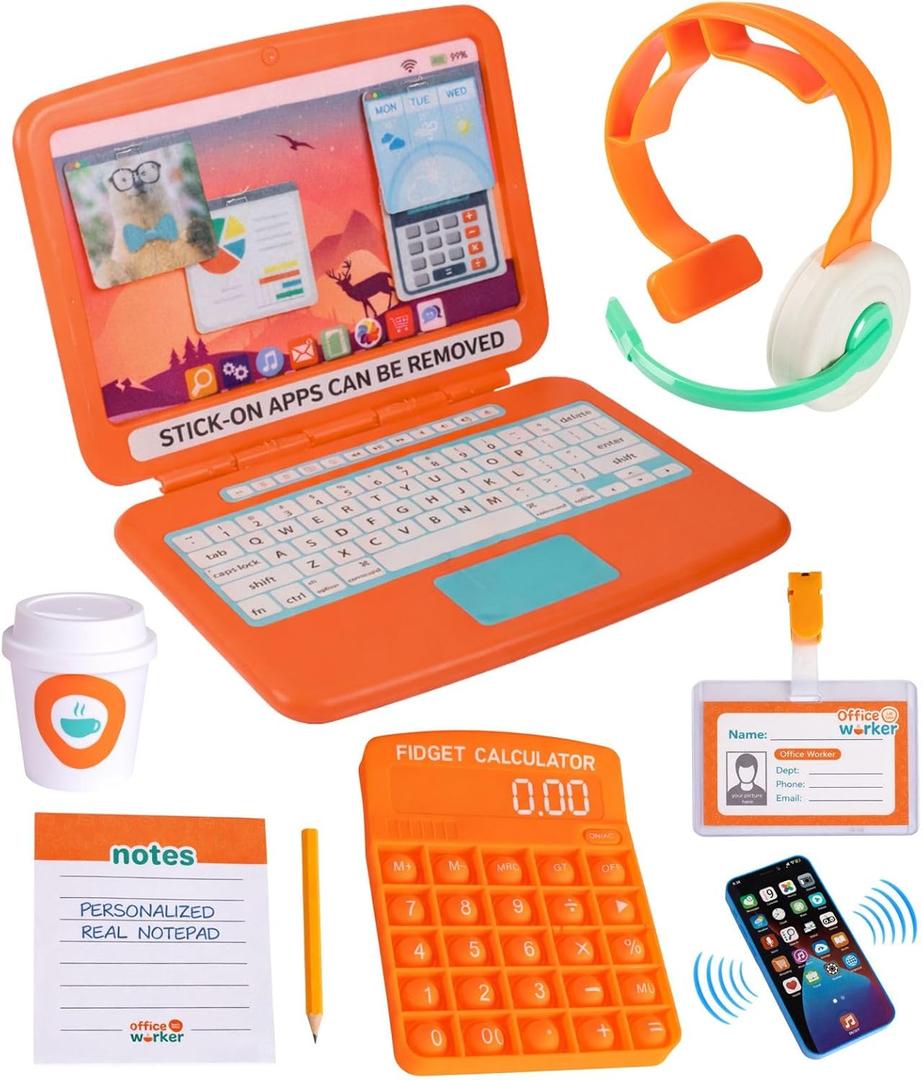 Pretend Play Home Office SetToy Kids Laptop,2 Cell Phones,LCD Writing Tablet,Pop Fidget Calculator,Headset & Beverage Cup for Toddlers(Ages 3+)Work Simulation Play
