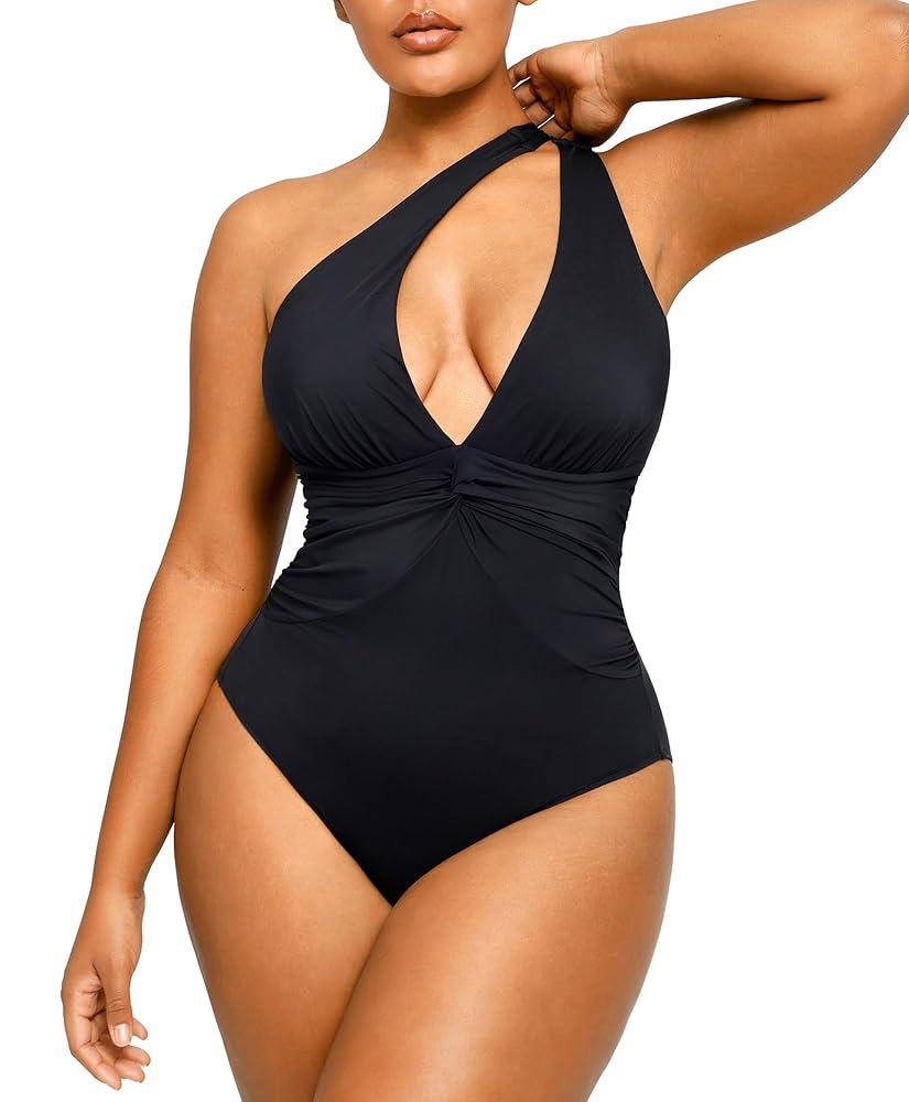 Women's One Piece Swimsuit Tummy Control Ruched Full Coverage Bathing Suit V Neck Slimming Swimwear XXL