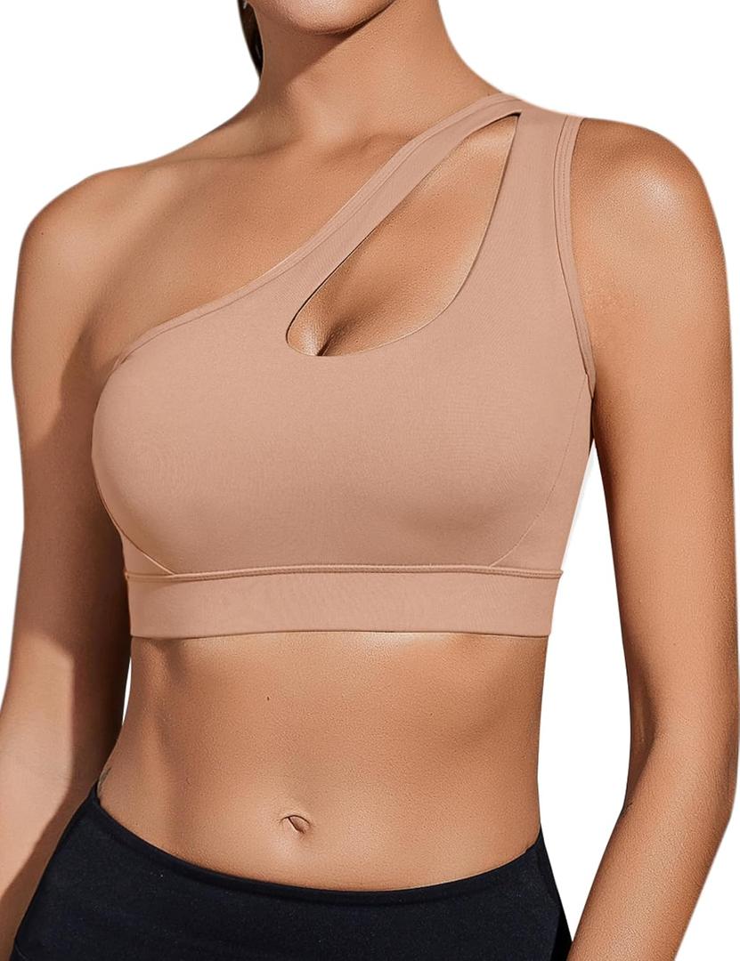 Sykooria Womens One Shoulder Sports Bras Workout Left Strap Yoga Bras Cute Medium Support Crop Tops (Ambient Blush)