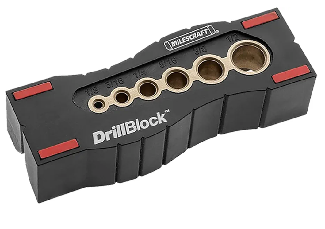 Milescraft 1312 Drill Block - Handheld Drilling Guide, Drilling Jig with Drill Guides for 6 of the Most Common Imperial Drill Bit Sizes, Precision Drilling Tool Accessory