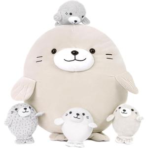 MaoGoLan 5Pcs Fat Seal Plush with 4 Babies Inside - 20" Giant Ultra Soft Seal Stuffed Animal Throw Pillow - Squishy Mother-Babies Collection Gift for Seal Lover,Kids,Boys, Gray