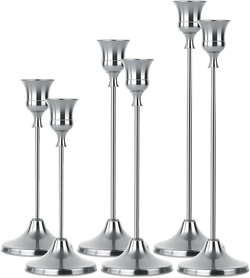 2 Sets(6 Pcs) Silver Tapered Candle Holder,Candlestick Tall Metal Candlestick Holders for Table Centerpiece Home Decor for Wedding Fireplace Mantel Housewarming Gift Fits 3/4 Inch Thick Candles